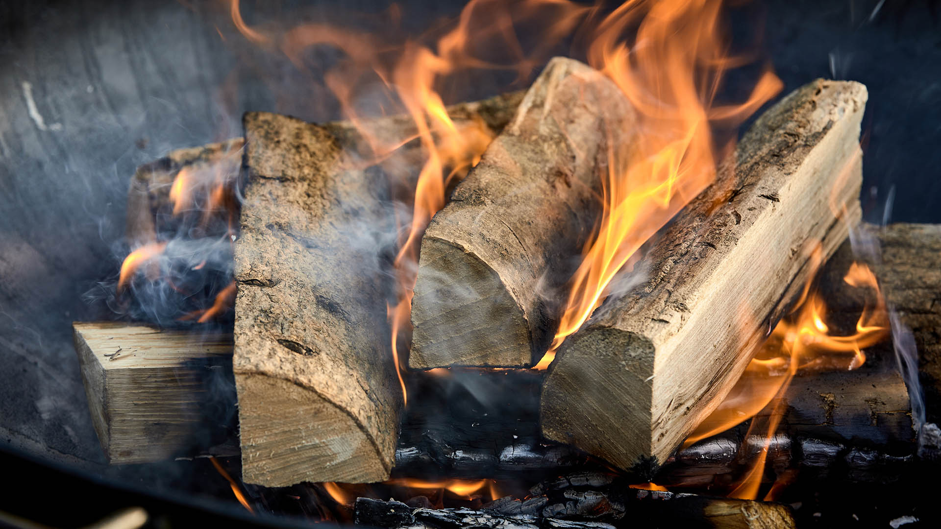 Logs in a campfire with flames.