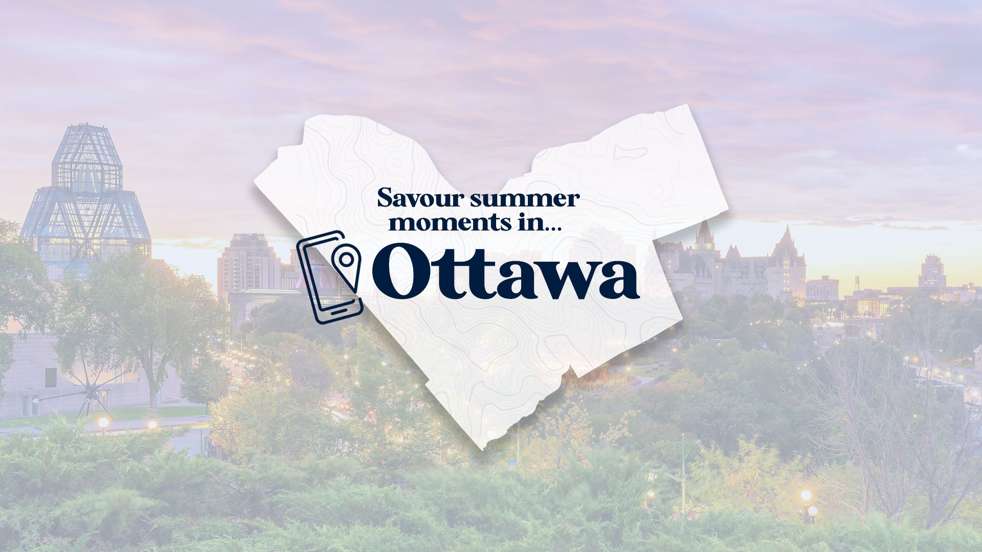 Savour Summer Moments Top 5 Ottawa logo over top of an image of the Ottawa skyline at sunset. 