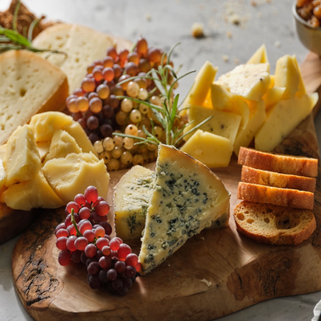 Two wooden boards filled with artisanal cheeses, bread, fruit and jams.