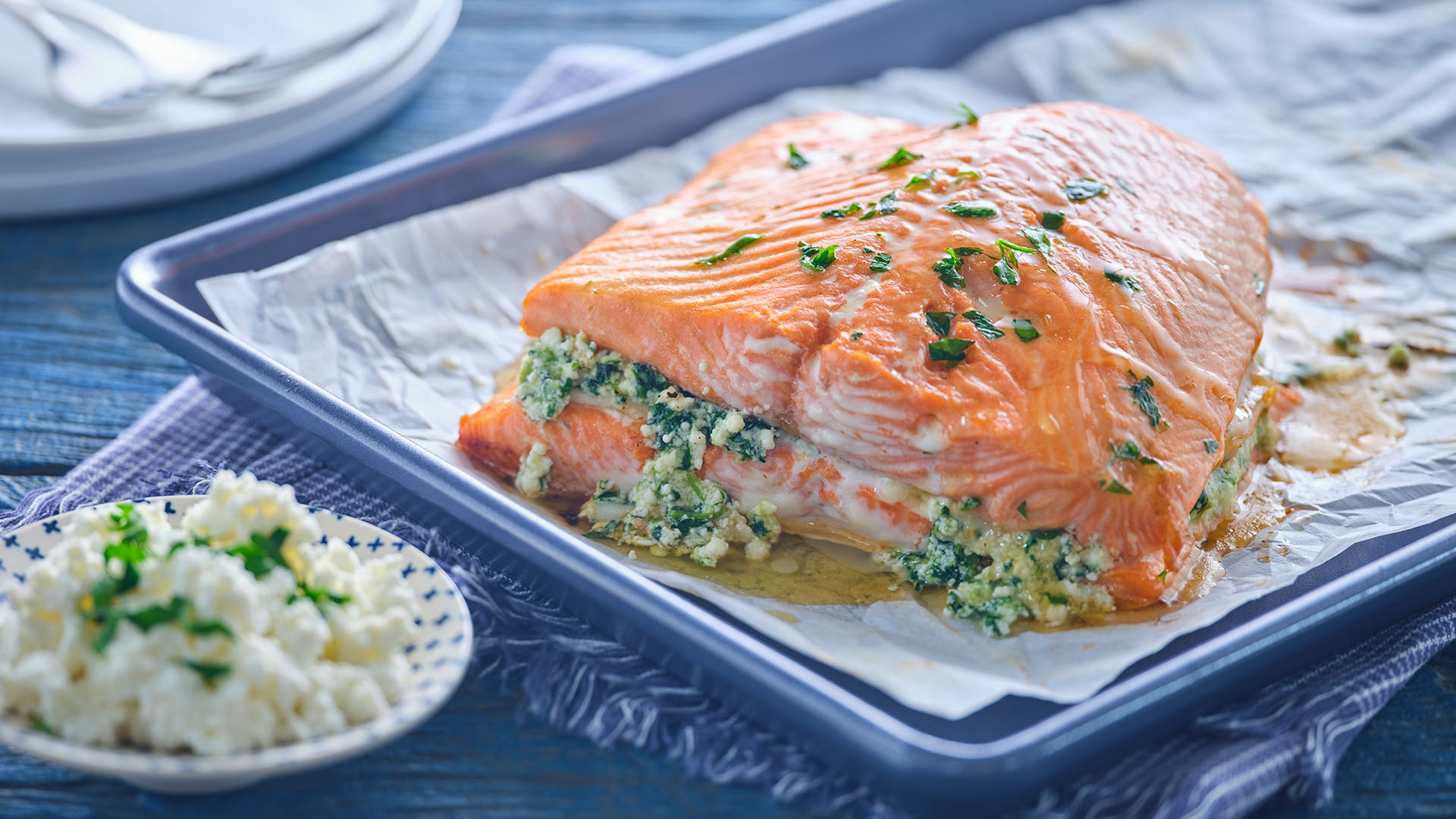 Ricotta Spinach Salmon Roast with Garlic Butter